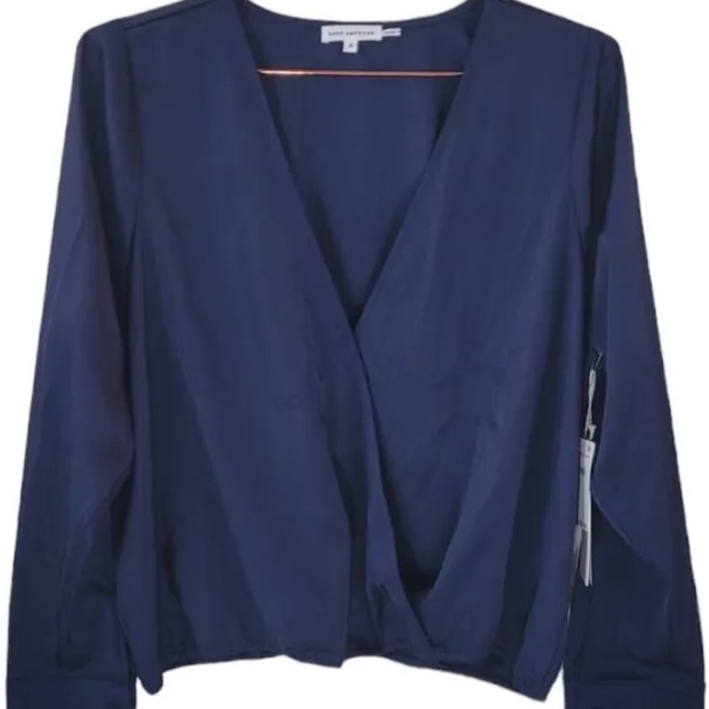 Good American Blue Long Sleeve Wrap Blouse NWT